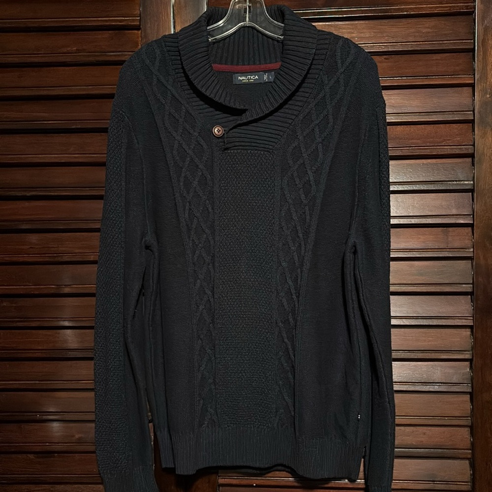 Men’s Navy Blue Nautica Sweater Button Collar Sz L
